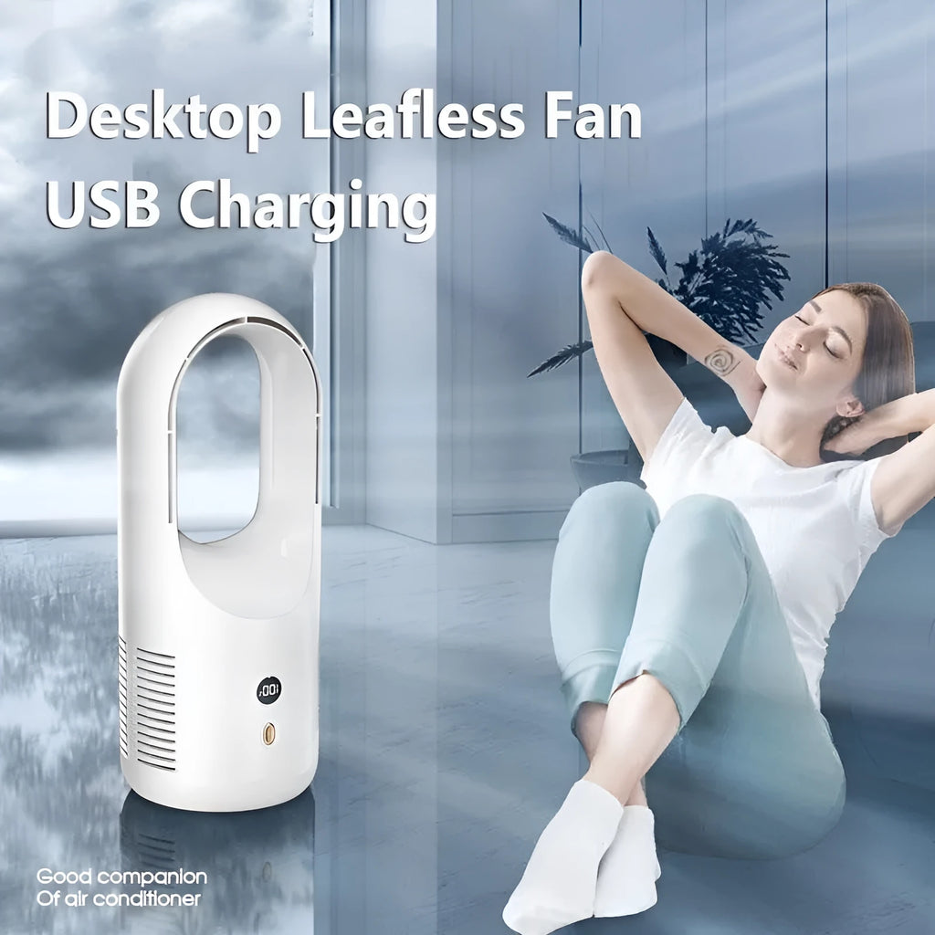 Desktop bladeless USB fan with LED display and rechargeable battery for portable cooling