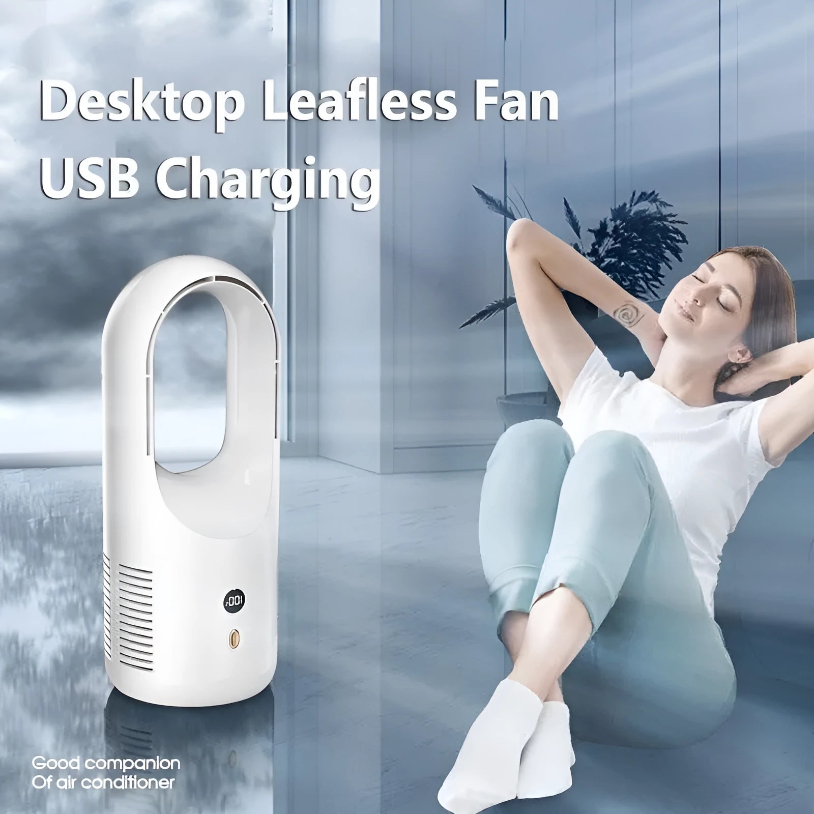 Desktop bladeless USB fan with LED display and rechargeable battery for portable cooling