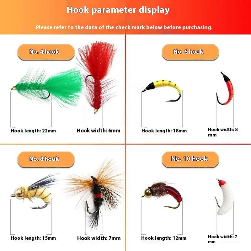 Fly hook micro lure suit with 114 pieces, bionic sequin design, old gun colour, in box display
