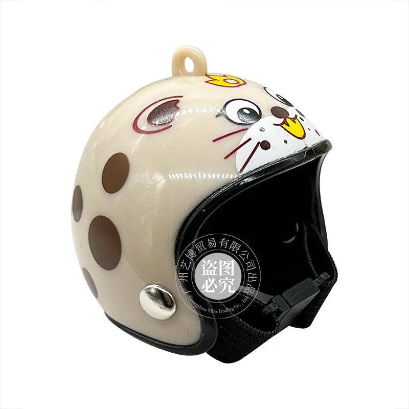 Small plastic chicken pet helmet in one of twelve designs including rainbow, plaid, or smiling face.