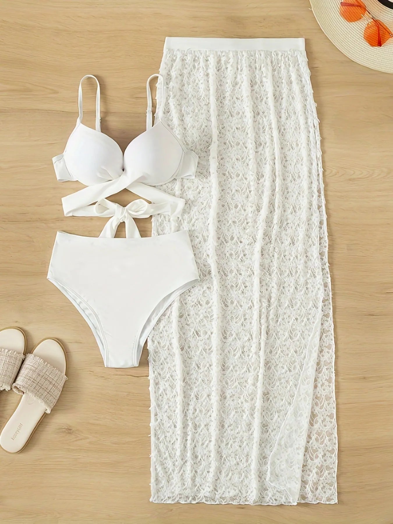 White three-piece swimsuit set with gathered long skirt, sleeveless top and briefs