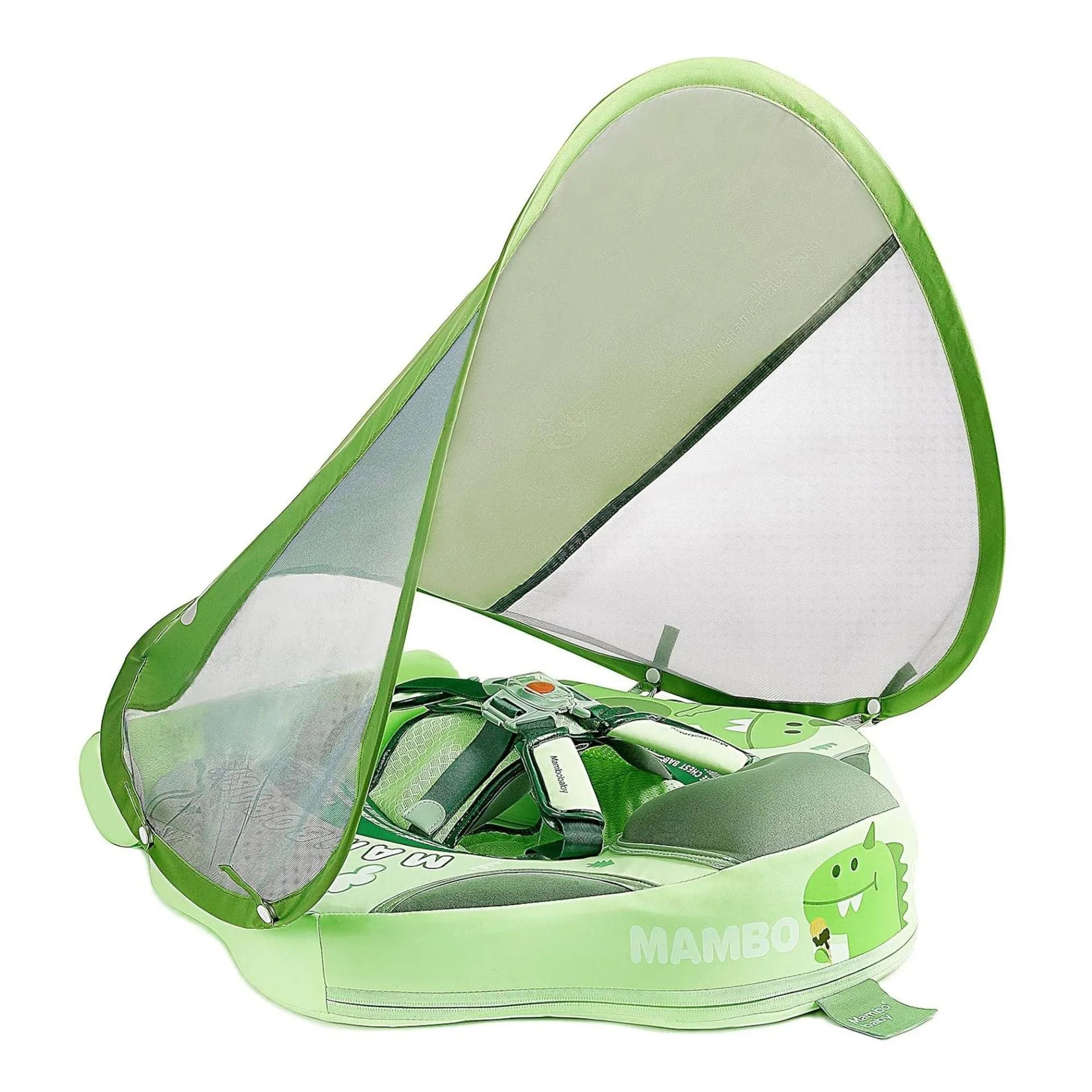 Avocado green dinosaur baby swimming ring with sun shade for infants 3-24 months