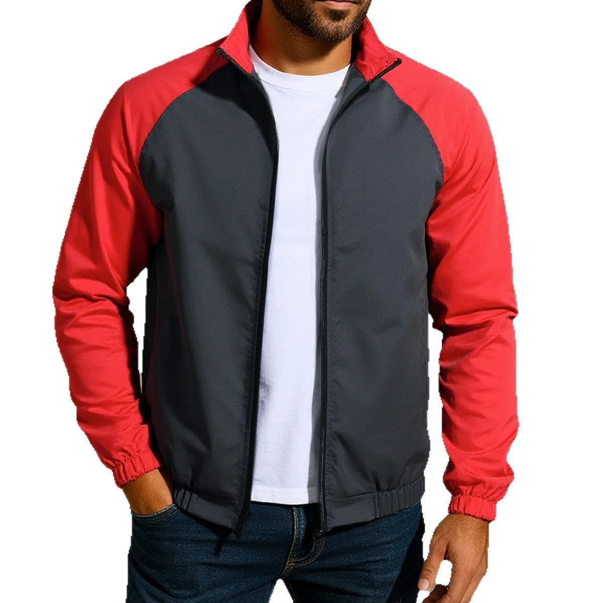 Men's loose fit casual jacket with stand collar and raglan sleeves in red, khaki, or green.