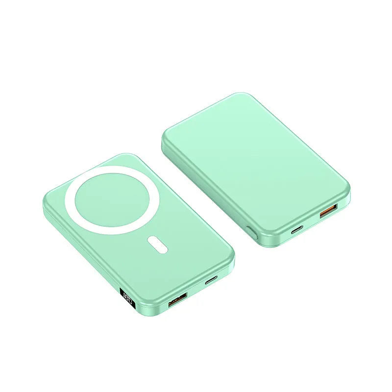 Ultra-thin portable power bank with magnetic wireless charging for iPhone in black, blue or white colours