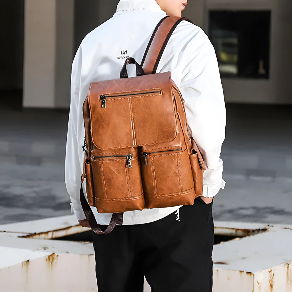 Vintage canvas computer backpack 14 inch laptop bag black brown light brown sewing thread detail