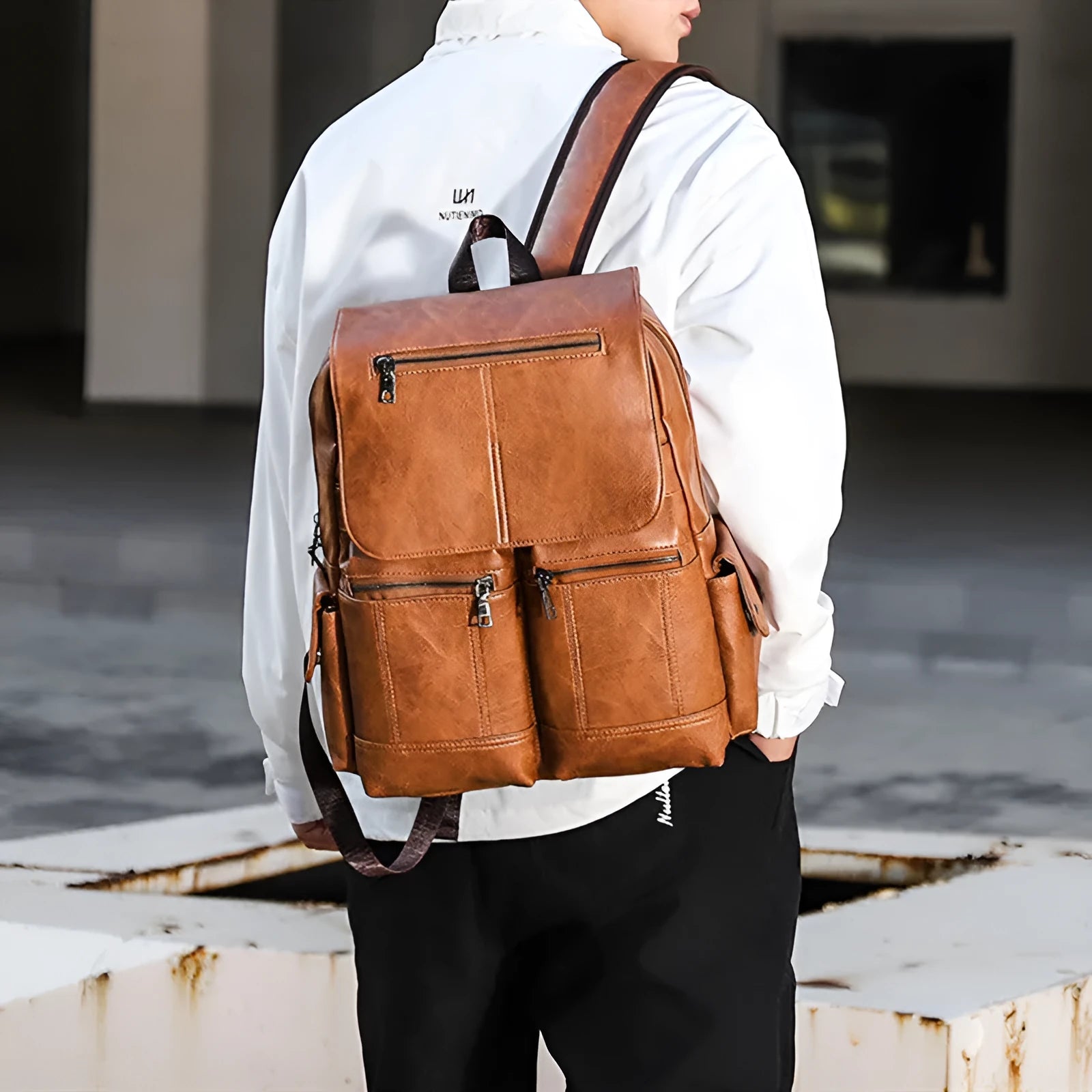 Vintage canvas computer backpack 14 inch laptop bag black brown light brown sewing thread detail