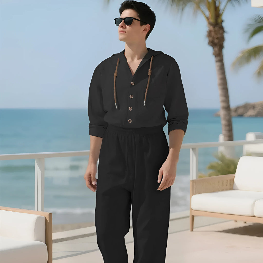 Men's cotton casual sports suit in black with long sleeves and full-length trousers