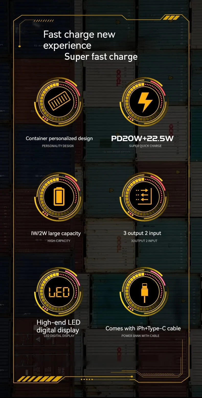 Cable container power bank in silver or yellow, 10000mAh and 20000mAh options, ABS+PC shell