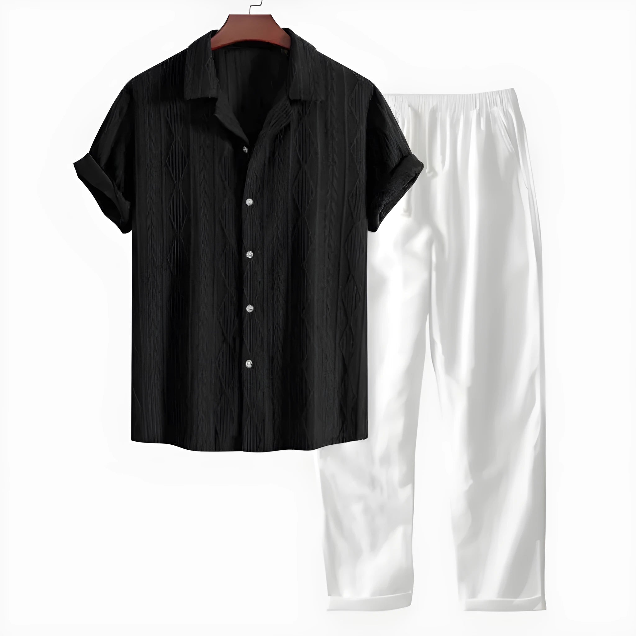 Short-sleeved camouflage print casual suit set with trousers, slim fit.
