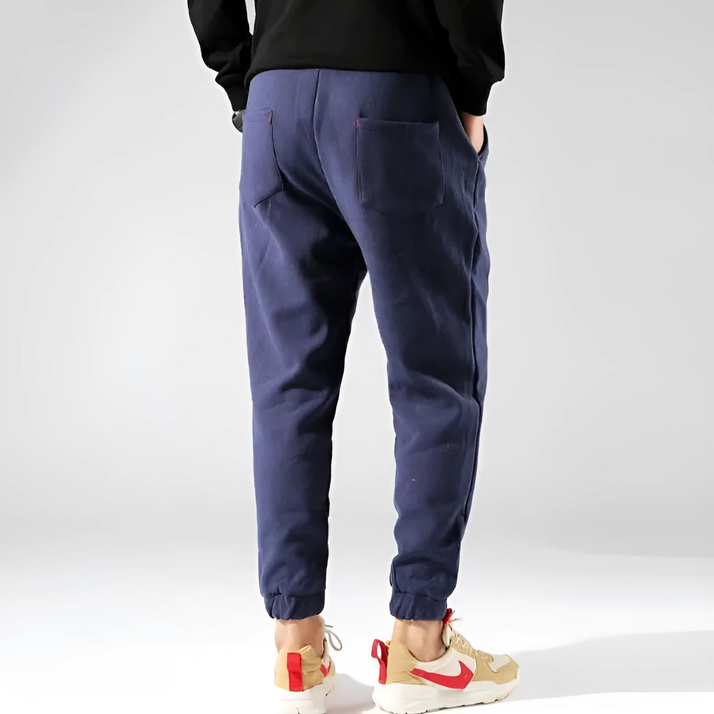 Irukite men's high waist loose fit winter trousers in black with plus velvet lining and belt