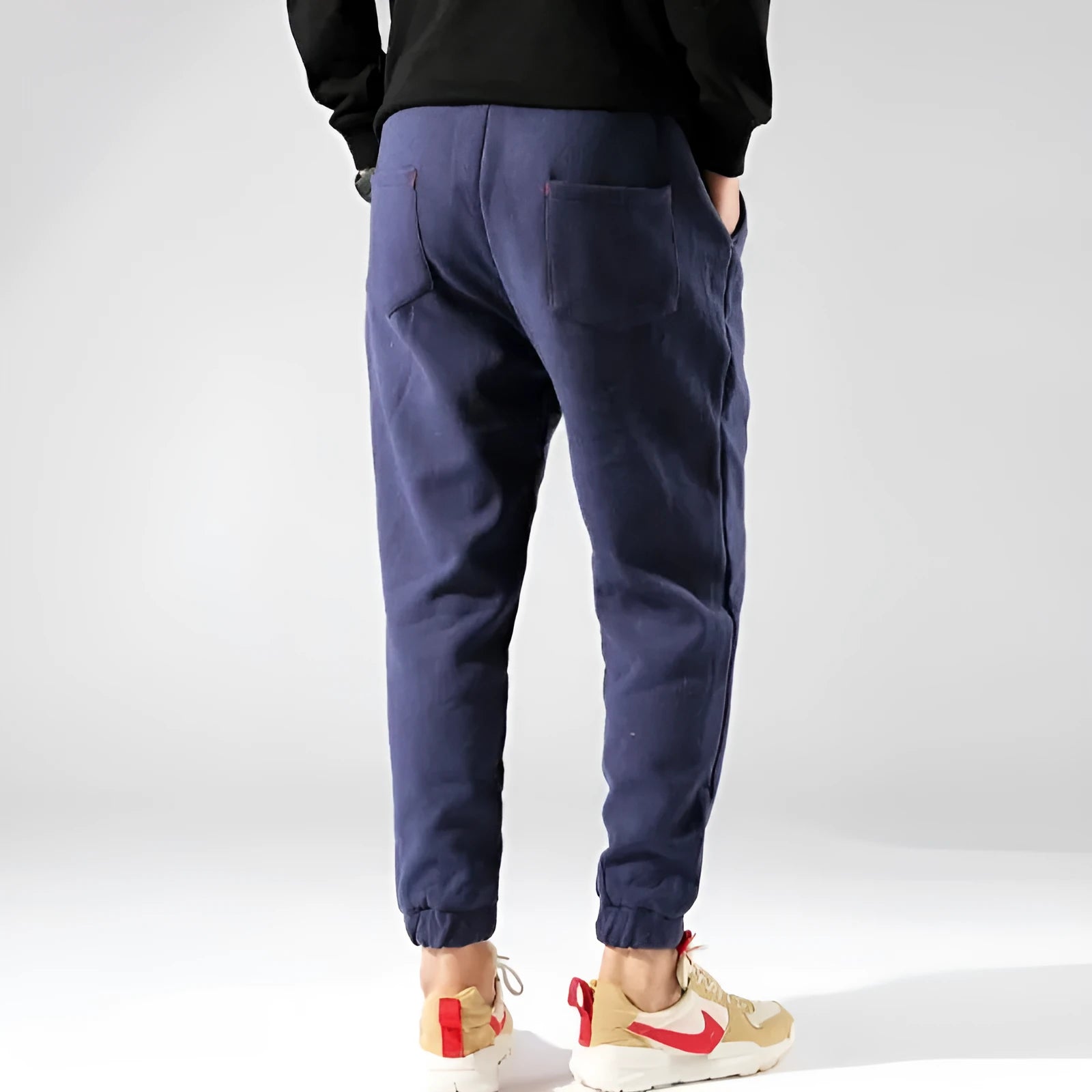 Irukite men's high waist loose fit winter trousers in black with plus velvet lining and belt