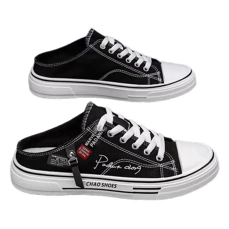 Men's canvas slip-on sports casual shoes in black with round toe design and letter pattern detail