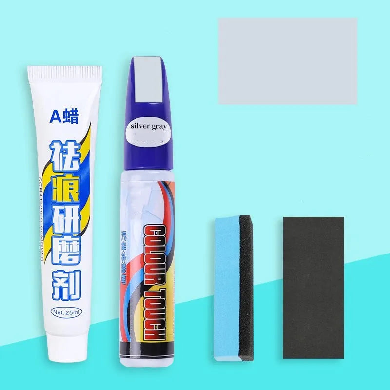 Automotive paint repair pen kit with touch-up paint, wax, sponge, and sandpaper for car scratches