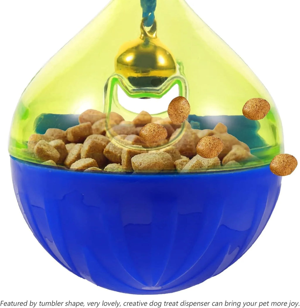 Blue and white tumbler-shaped interactive treat dispenser toy for dogs and cats on a wooden floor.