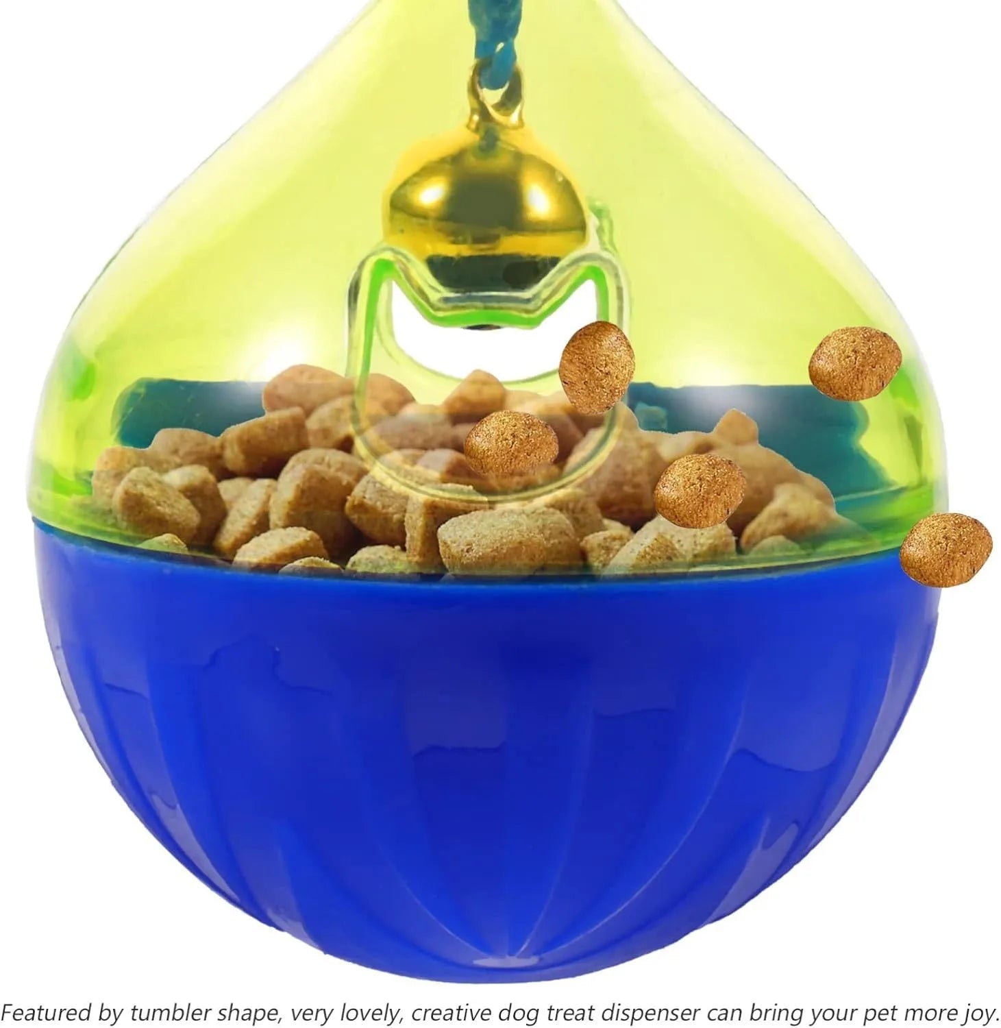 Blue and white tumbler-shaped interactive treat dispenser toy for dogs and cats on a wooden floor.