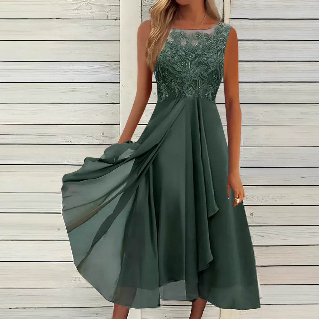 Women's sleeveless mid-length chiffon dress with lace stitching in blue, green, or purple.