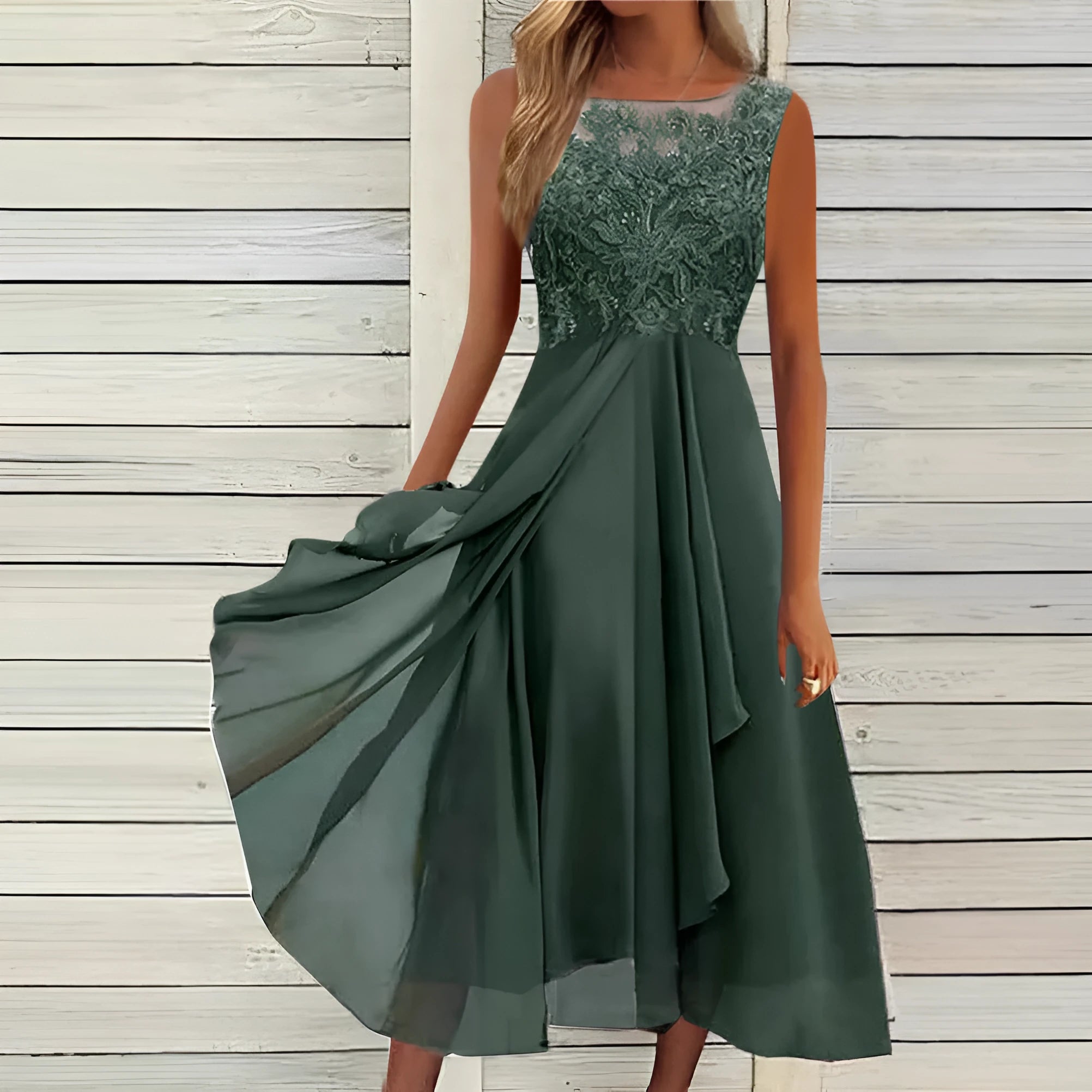 Women's sleeveless mid-length chiffon dress with lace stitching in blue, green, or purple.