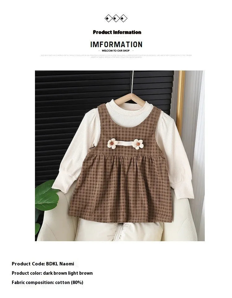 Baby girl wearing a dark coffee plaid Korean style long-sleeved dress suit with shirt.