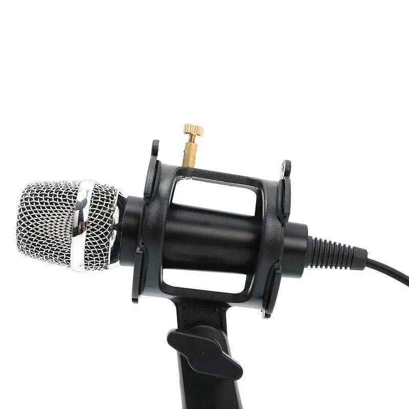 Black or silver condenser microphone on aluminium stand with 3.5mm and USB cables for mobile phone and computer broadcasting