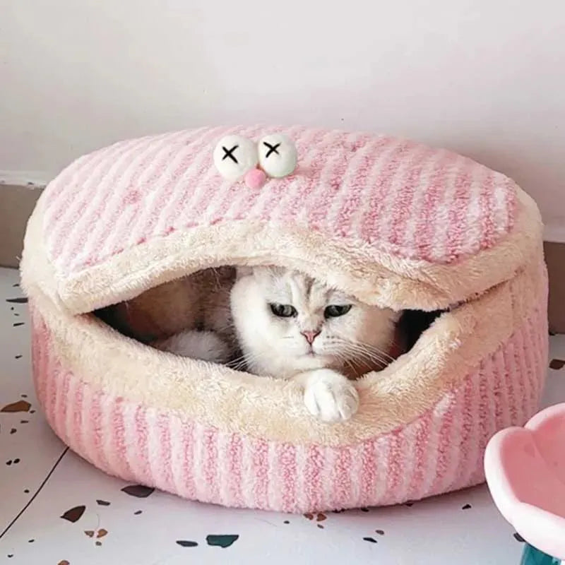 Causeway Braised Sandwich Cat Nest, warm velvet cat bed, 45cm diameter, pink colour, removable lid