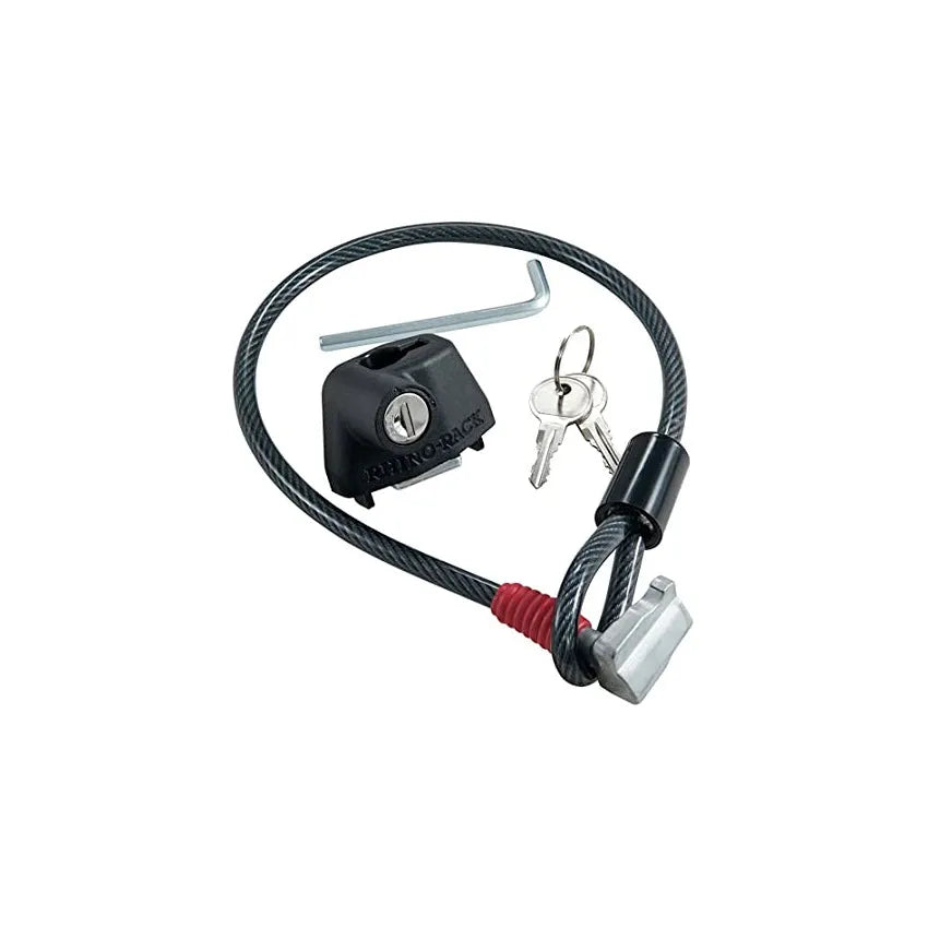 Steel cable fixed lock with plastic-sheathed cables for securing equipment on a vehicle roof platform.