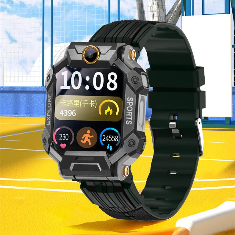 64G full netcom video phone watch with dual camera rotating model, black silicone band, 1.4-inch screen