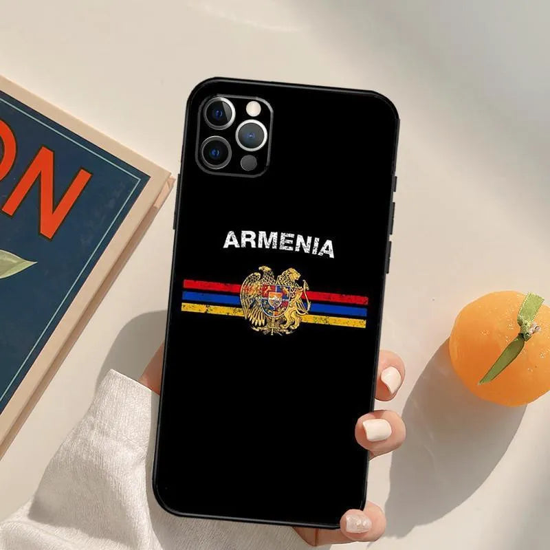 Personalised Armenian flag TPU soft shell phone case for iPhone 14 series with black base and custom colour accents