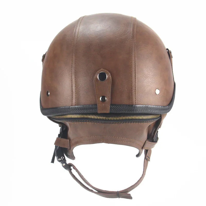 Retro motorcycle helmet with half pedal design in black artificial leather