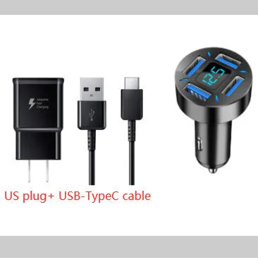 Four-port USB car charger with LED digital voltage display showing 12V.
