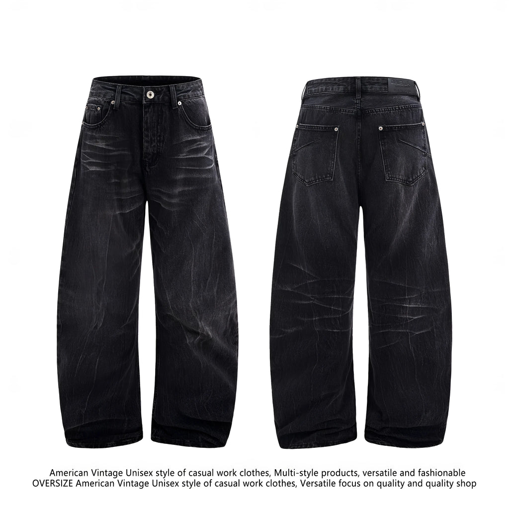 Men's black American washed straight-leg jeans with lightning crack pattern detail