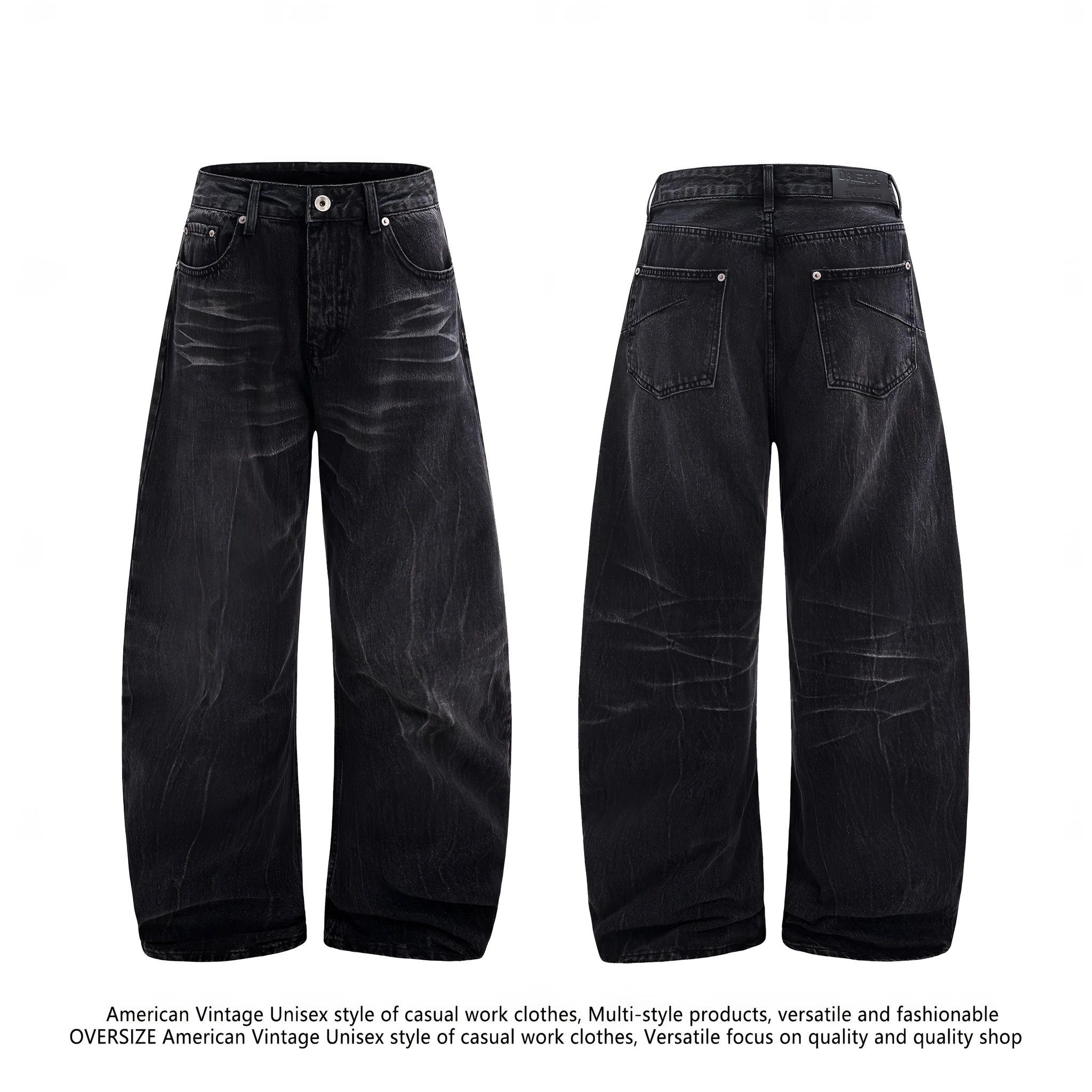 Men's black American washed straight-leg jeans with lightning crack pattern detail