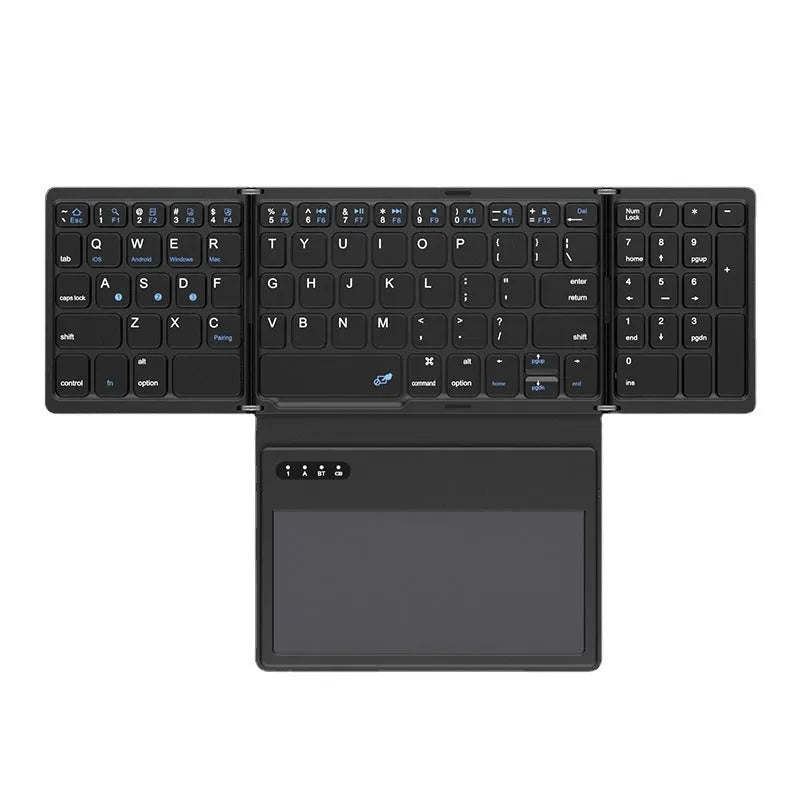 Black B055 Bluetooth folding keyboard with large touchpad and Type-C, folded and unfolded views