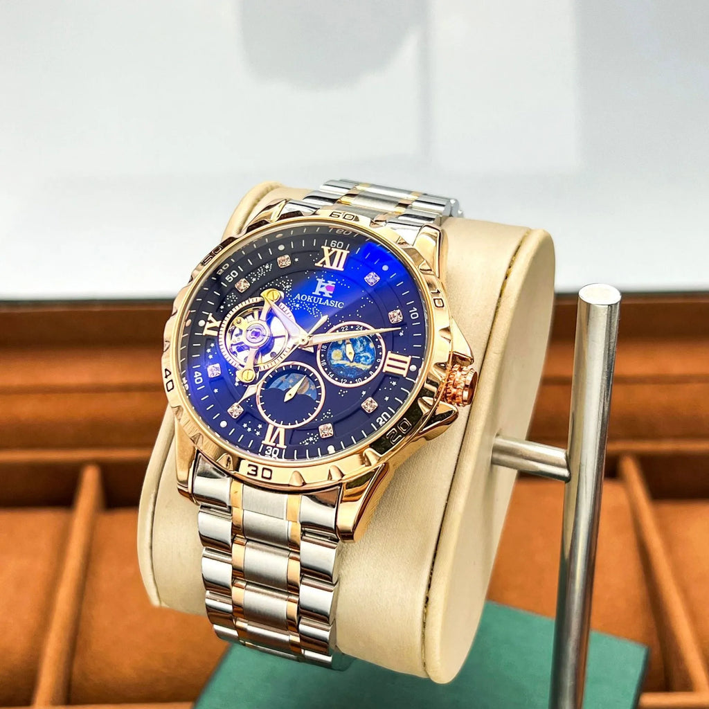 Men's automatic mechanical watch with rose gold case, black dial, and large multifunctional display.