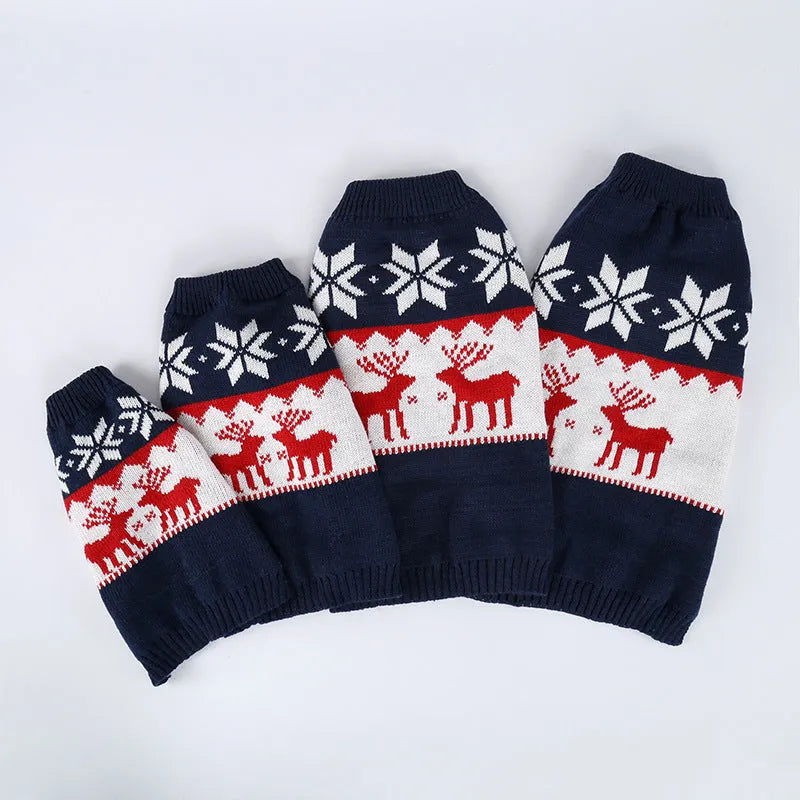 Navy blue knitted Christmas sweater for dogs with acrylic material and sizing from XS to L