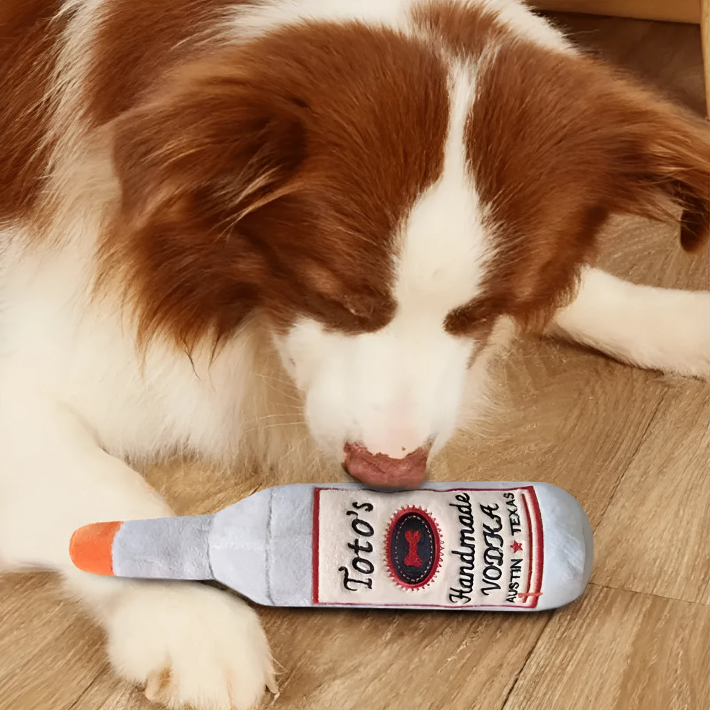Brown plush wine bottle shaped dog toy with squeaker for puppies and small dogs