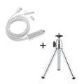 Mini aluminium tripod with extended legs and a black U-shaped phone clip attached