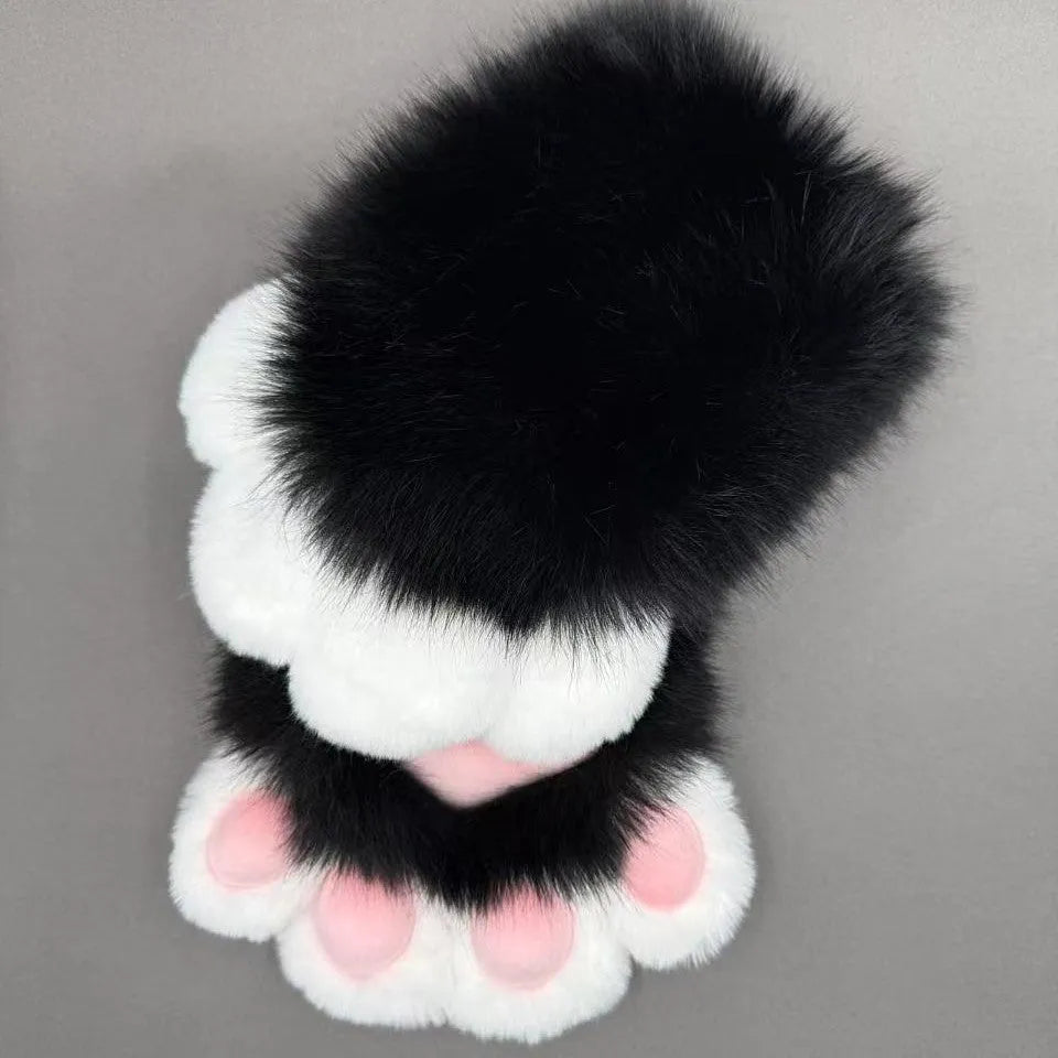 Nylon animal claw cosplay gloves showing coloured pads on fingertips in a black and blue colour combination