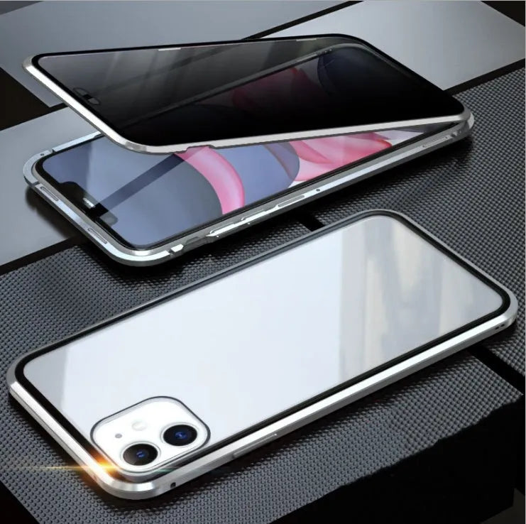 Black double-sided glass magneto clamshell case for iPhone shown open, highlighting the magnetic closure and tempered glass panels.