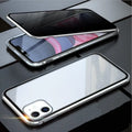 Black double-sided glass magneto clamshell case for iPhone shown open, highlighting the magnetic closure and tempered glass panels.