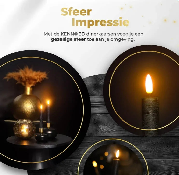 Black flameless LED taper candle with realistic 3D flickering flame effect.