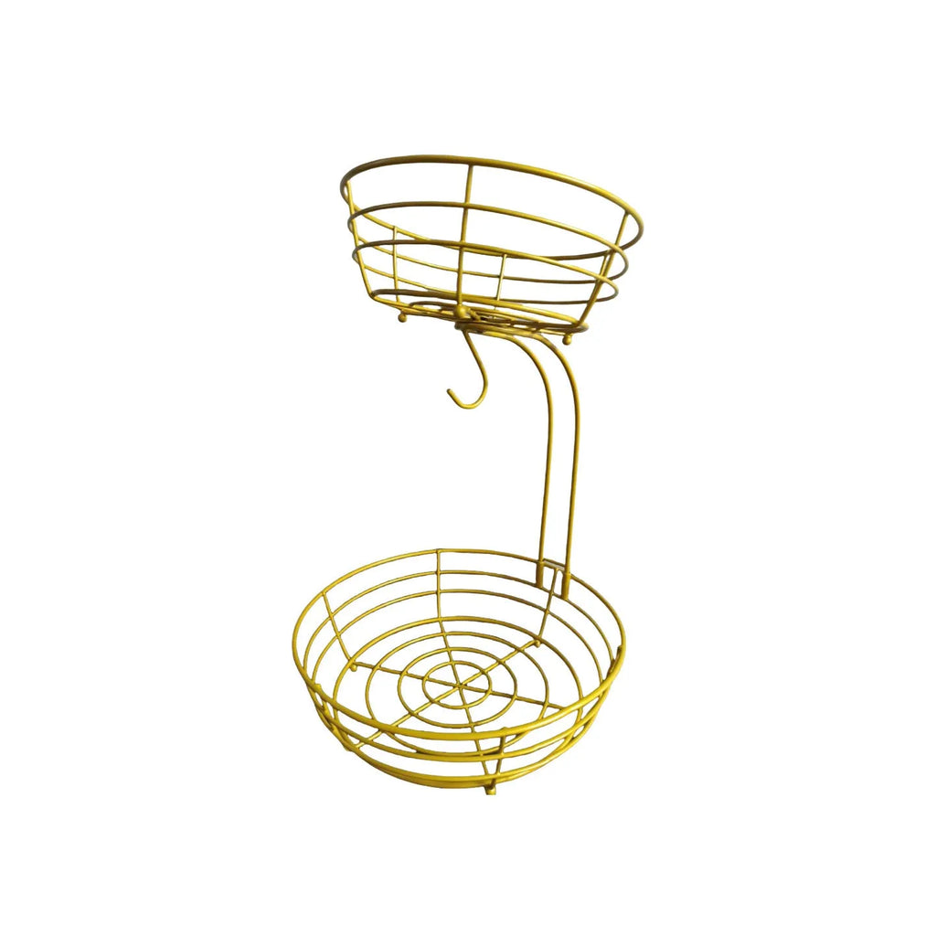 Black and gold double-layer wrought iron fruit storage basket with two tiers.
