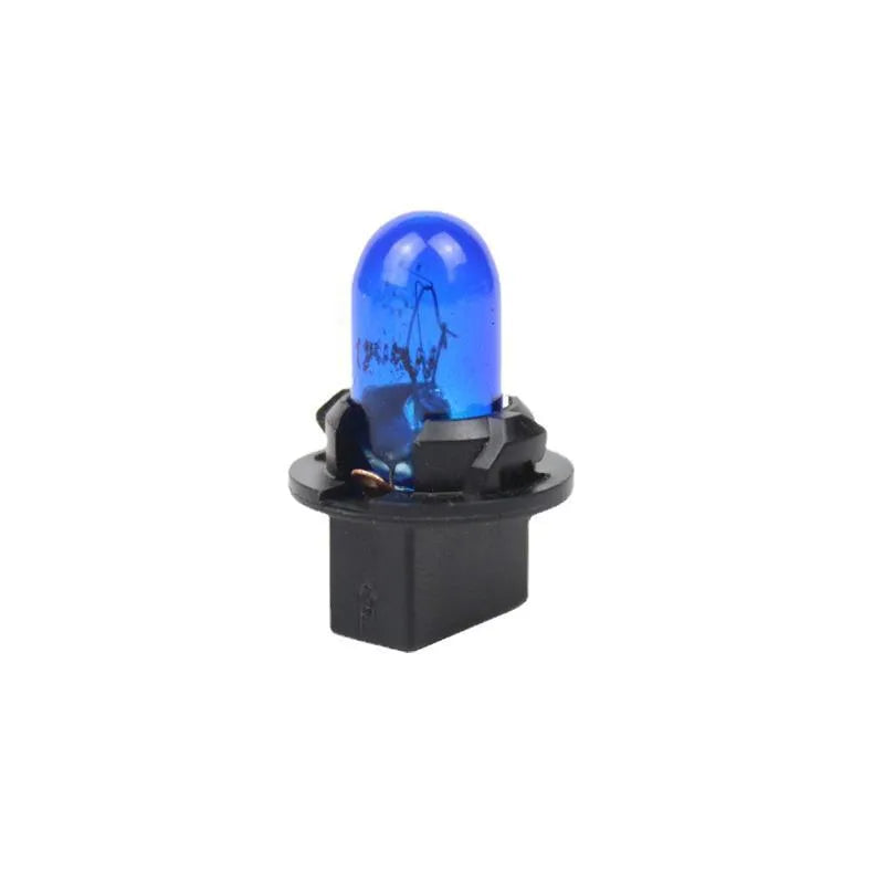 T5 12V 1.2W car dashboard indicator light bulb in multiple colours on white background.