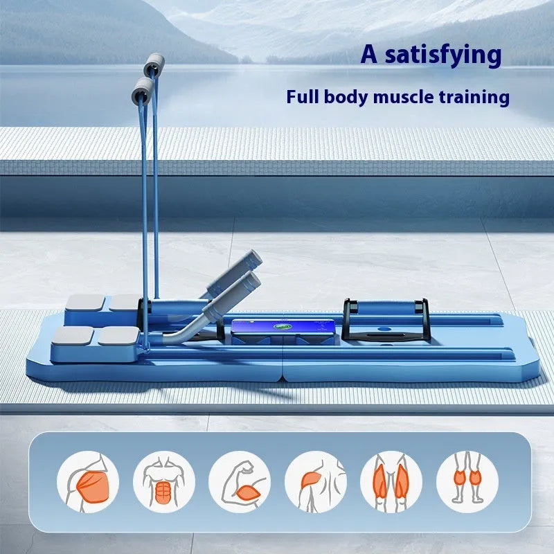 Blue multi-functional fitness board with abdominal wheel for home workouts