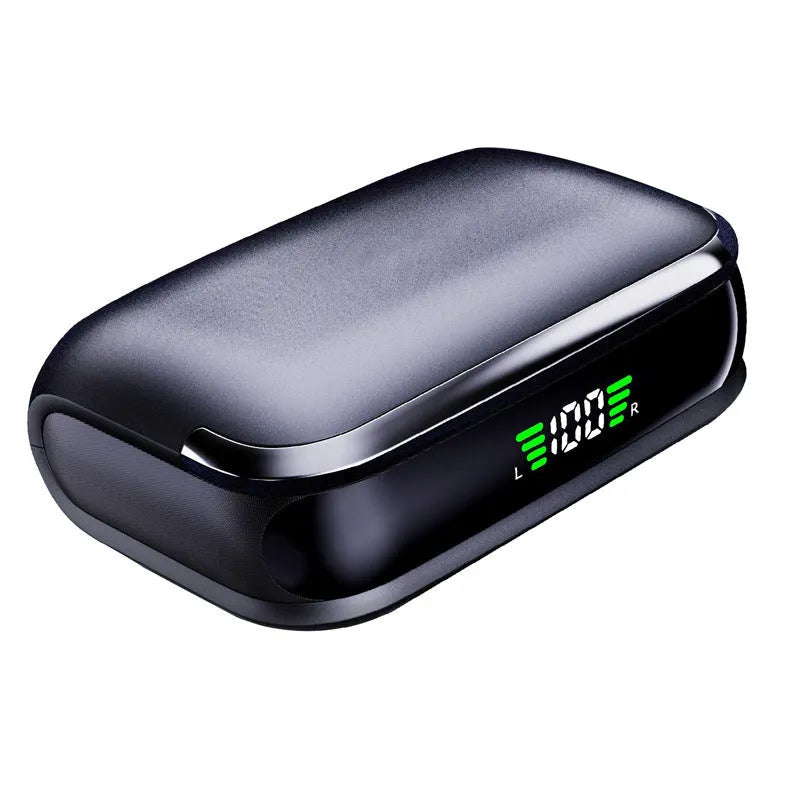 Black ear-mounted wireless Bluetooth headset with noise reduction and Type C charging case