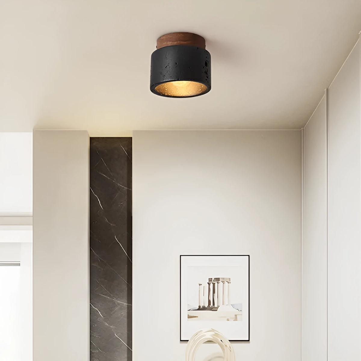 Chinese medieval style LED ceiling light with black cave stone shade, warm 3000K, for corridor or balcony