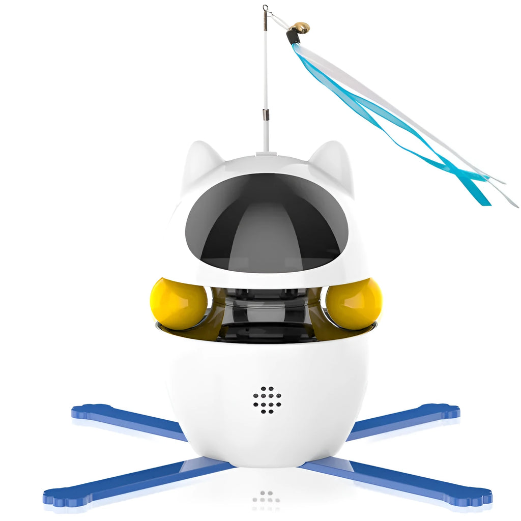 White automatic interactive cat toy stick with elastic rope extended, on a plain background.