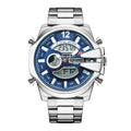 Men's double display LED sports watch with alarm, 30m water resistant, stainless steel strap, 55mm round dial, black colour