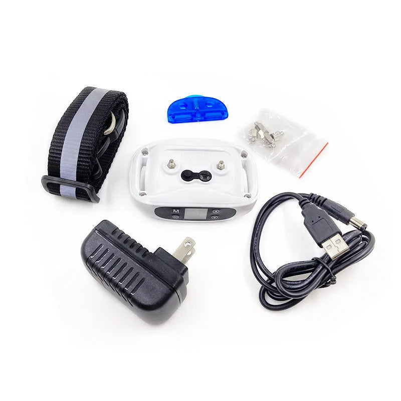 Electronic dog trainer bark stopper with plastic body and nylon strap, black and white colour options