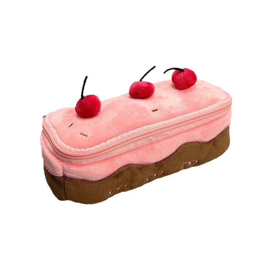 Cherry Cake coloured plush velvet pencil bag with a zip closure.