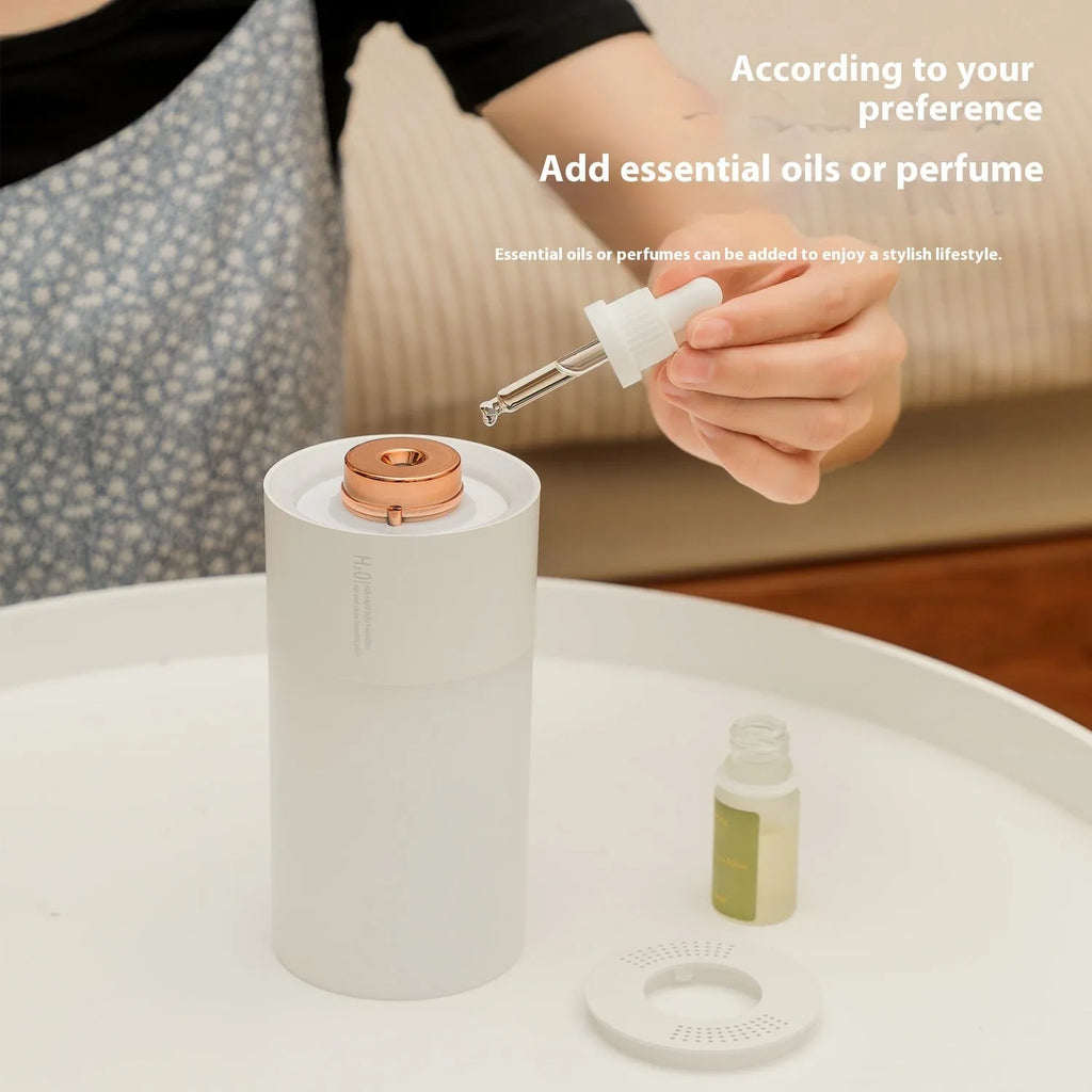 Homehold colourful USB humidifier in white columnar shape on a desk